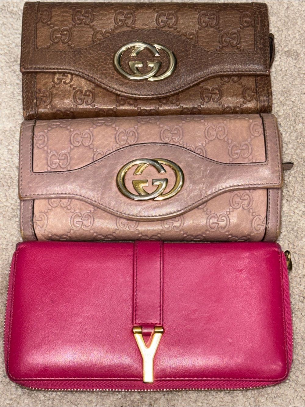 Pick one: Gucci Brown or Dusty Blush Leather Wallets OR Pink YSL Zip wallet